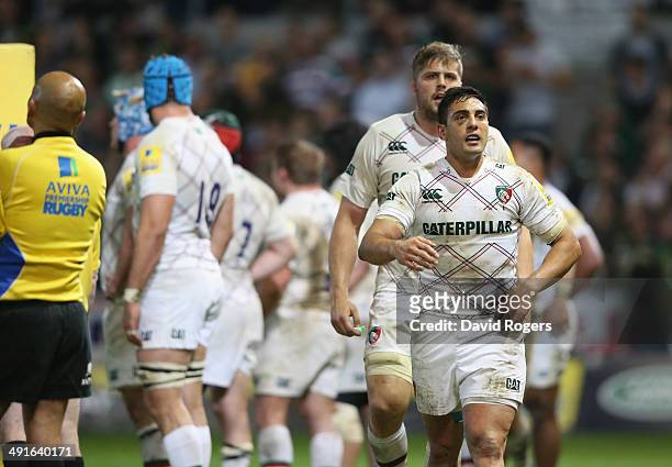 Dan Bowden of Leicester looks dejected after his teams defeat during the Aviva Premiership semi final match between Northampton Saints and Leicester...