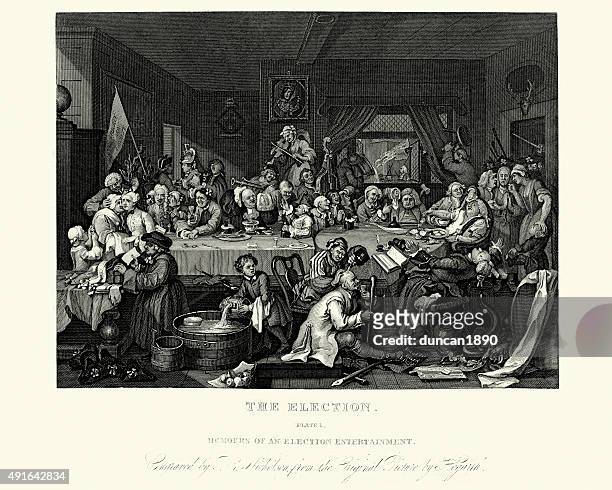 william hogarth four humours of an election - political party stock illustrations
