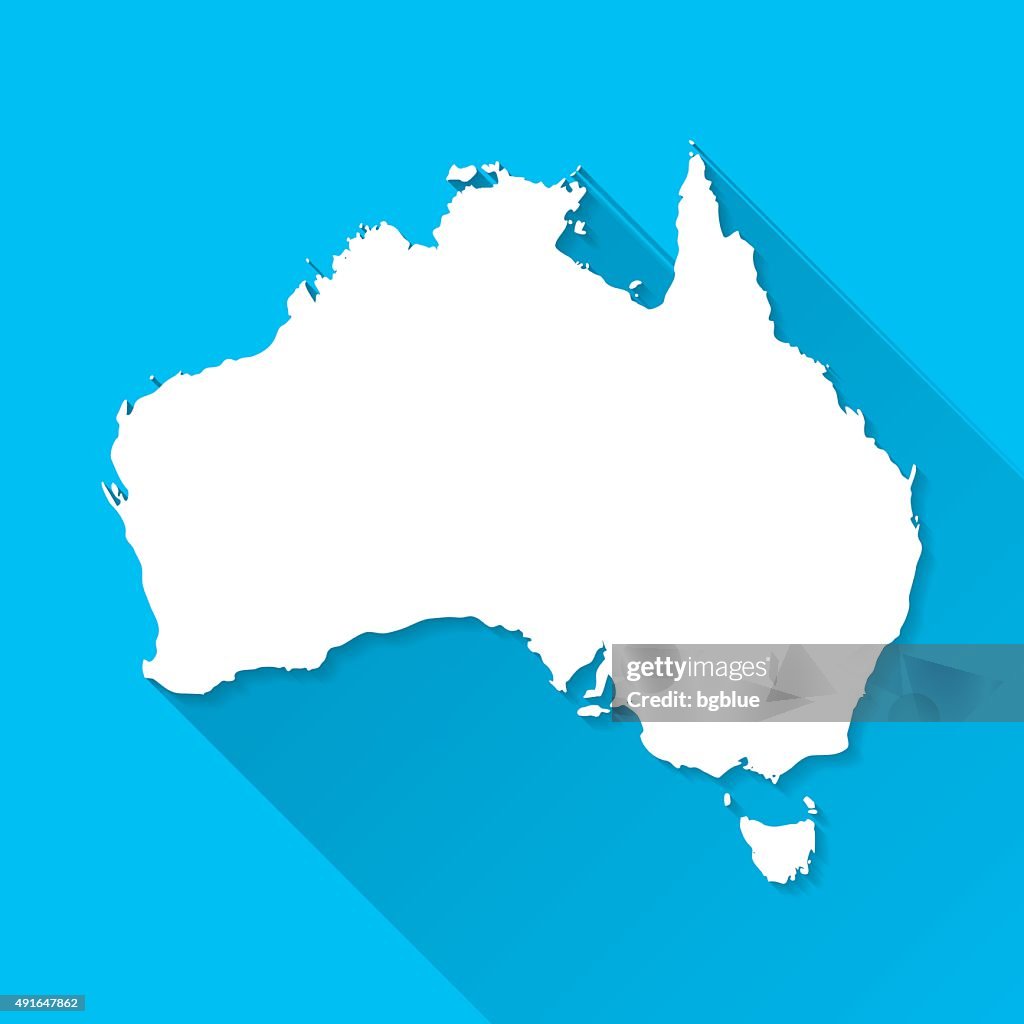 Australia Map on Blue Background, Long Shadow, Flat Design