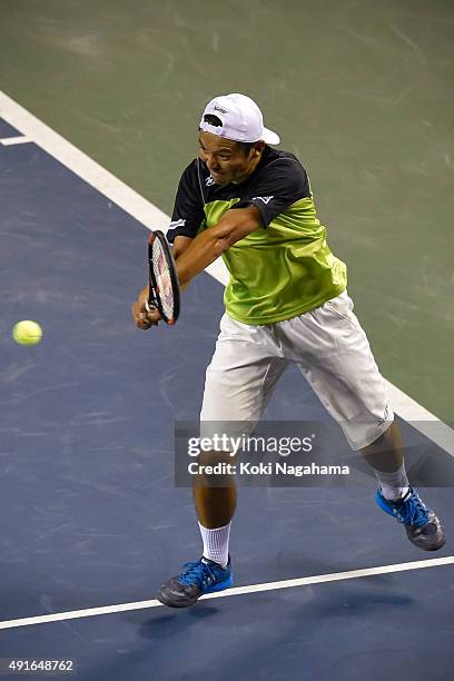 Tatsuma Ito of Japan competes against Stan Wawrinka of Switzerland during the men's singles second round match on day three of Rakuten Open 2015 at...