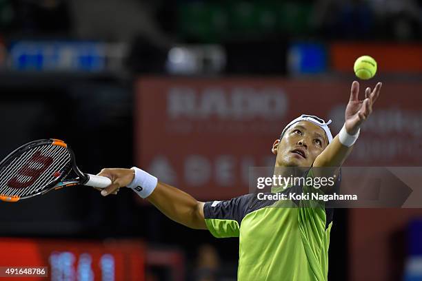 Tatsuma Ito of Japan competes against Stan Wawrinka of Switzerland during the men's singles second round match on day three of Rakuten Open 2015 at...