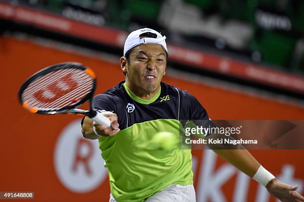 Tatsuma Ito of Japan competes against Stan Wawrinka of Switzerland during the men's singles second round match on day three of Rakuten Open 2015 at...