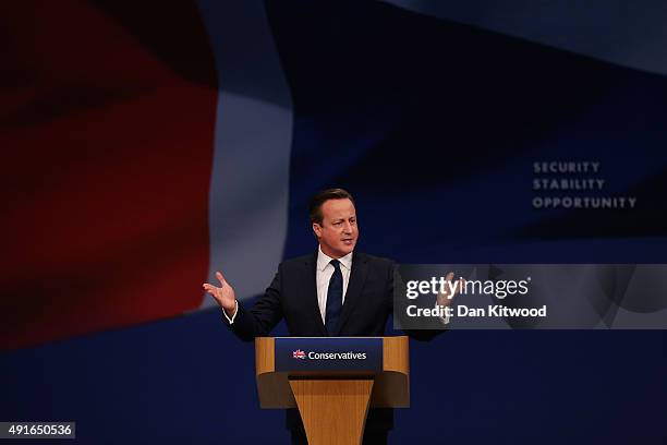 British Prime Minister David Cameron gives his keynote speech to delegates on the fourth and final day of the Conservative Party Conference, at...