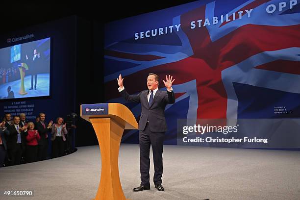 British Prime Minister David Cameron gives his keynote speech to delegates on the fourth and final day of the Conservative Party Conference, at...