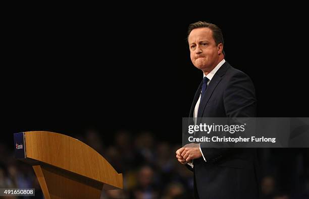 British Prime Minister David Cameron gives his keynote speech to delegates on the fourth and final day of the Conservative Party Conference, at...