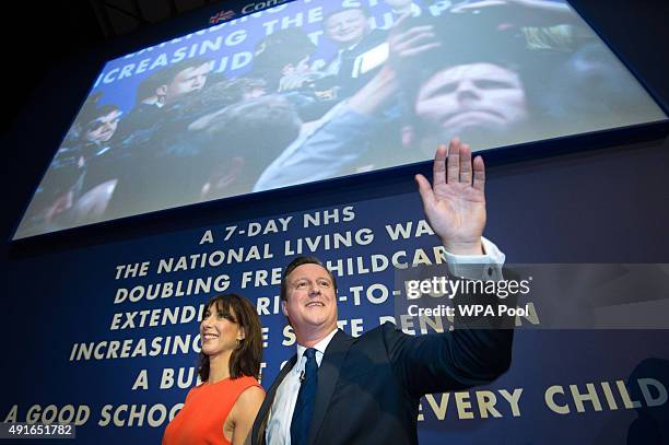 Prime Minister David Cameron poses with wife Samantha after his keynote speech on the fourth and final day of the Conservative Party Conference, at...