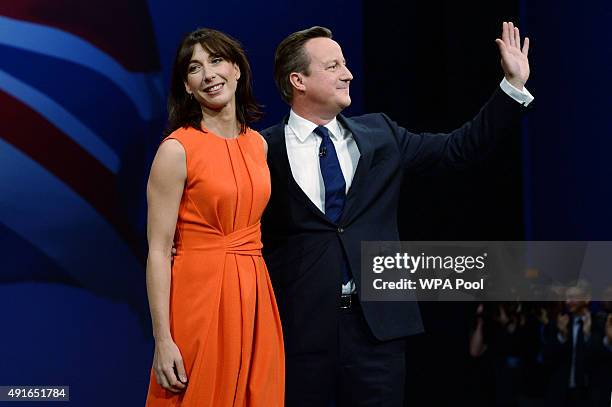 Prime Minister David Cameron poses with wife Samantha after his keynote speech on the fourth and final day of the Conservative Party Conference, at...