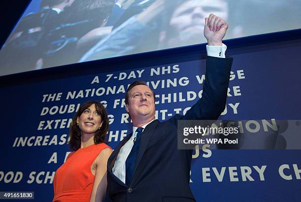 Prime Minister David Cameron poses with wife Samantha after his keynote speech on the fourth and final day of the Conservative Party Conference, at...
