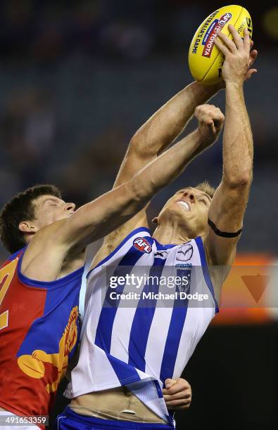 Drew Petrie of the Kangaroos marks the ball against Justin Clarke of the Lions during the round nine AFL match between the North Melbourne Kangaroos...