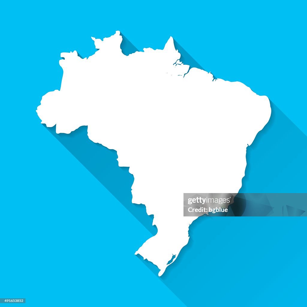 Brazil Map on Blue Background, Long Shadow, Flat Design