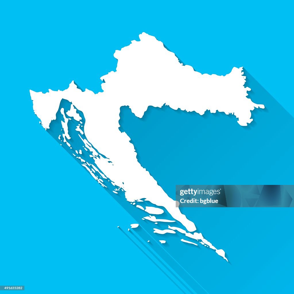 Mapa de Croacia sobre fondo azul, larga sombra, diseño plano