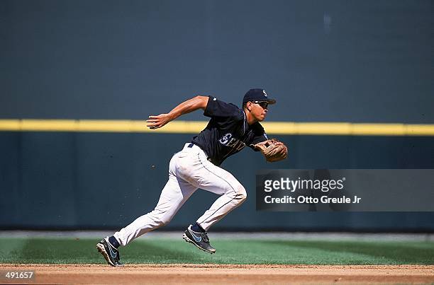 Alex Rodriguez of the Seattle Mariners runs for the ball during the game against the Baltimore Orioles at the Safeco Field in Seattle, Washington....