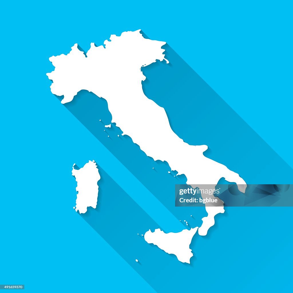 Italy Map on Blue Background, Long Shadow, Flat Design