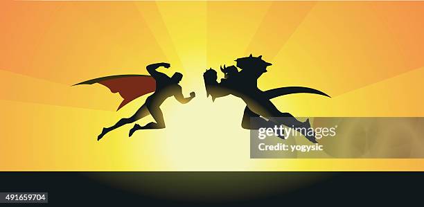 vektor supeheroes vs monster-silhouette - schurke stock-grafiken, -clipart, -cartoons und -symbole