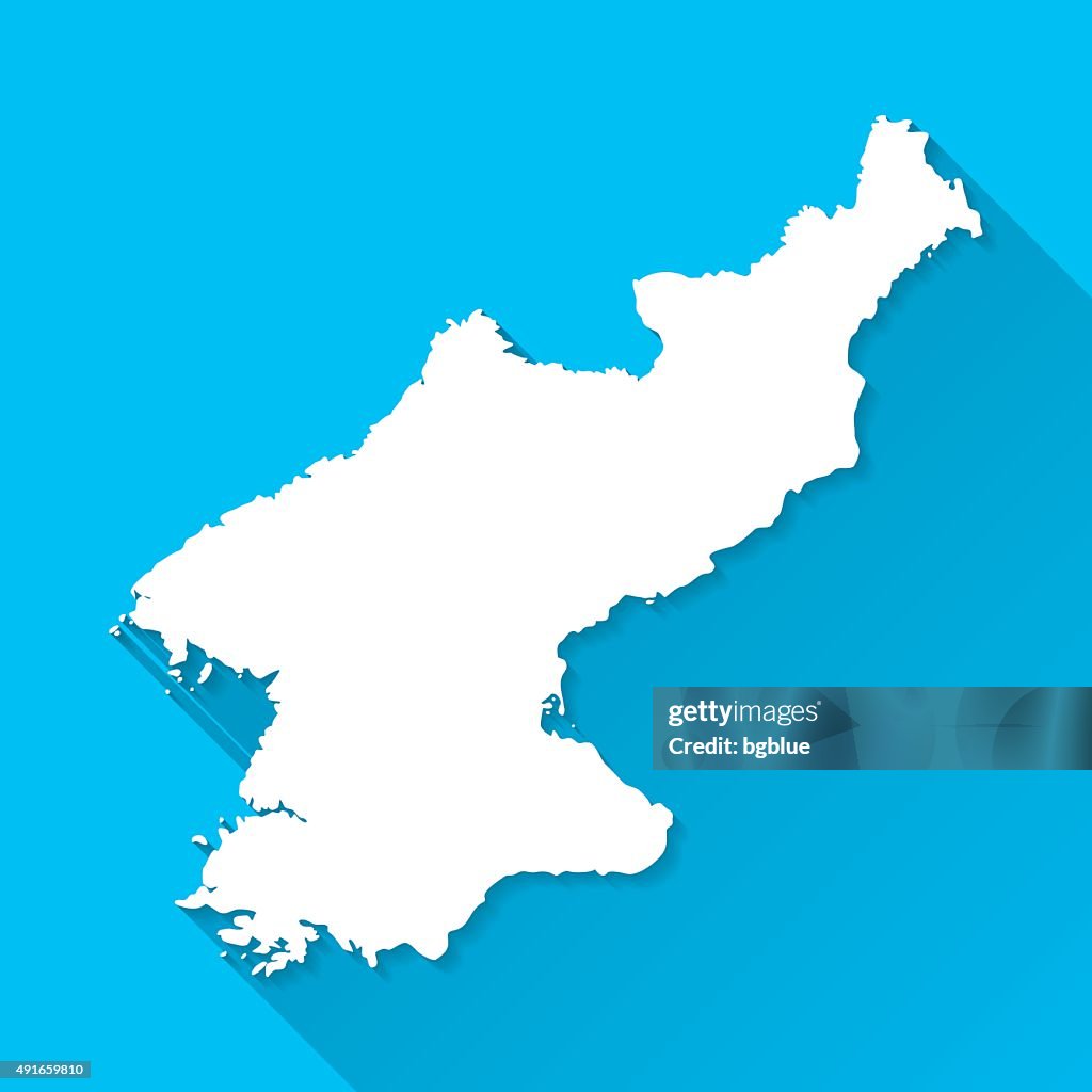 Korea North Map on Blue Background, Long Shadow, Flat Design