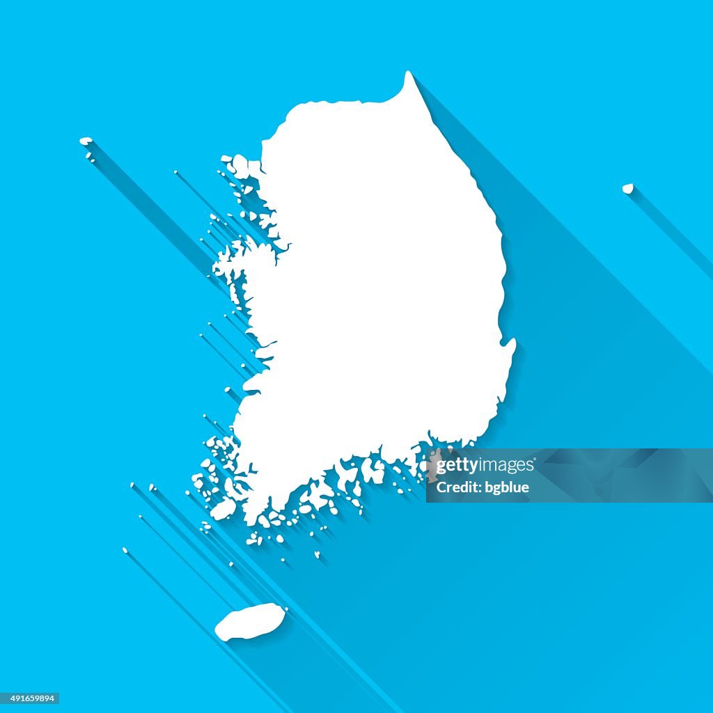 Mapa da Coreia do Sul em Fundo azul, longa sombra, Design 2D