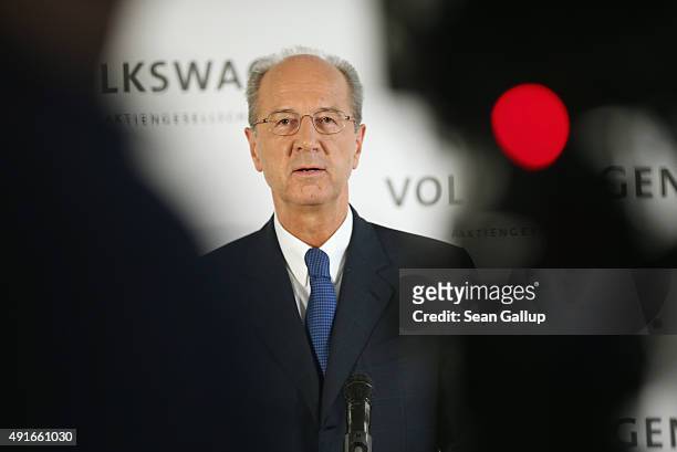 Hans Dieter Poetsch, seen between the equipment of a TV cameraman, speaks to the media after Volkswagen board members elected Poetsch as new chairman...