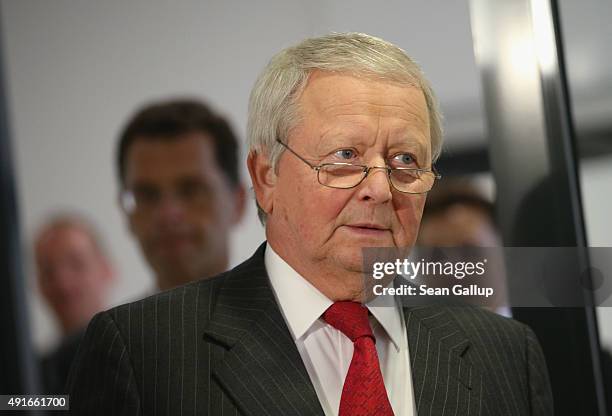 Wolfgang Porsche, Chairman of the Supervisory Board of Porsche Automobil Holding, which has a major stake in Volkswagen, arrives to speak to the...