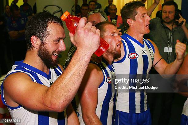 Scott McMahon Leigh Adams and Nick Dal Santo of the Kangaroos celebrate the win with fans during the round nine AFL match between the North Melbourne...