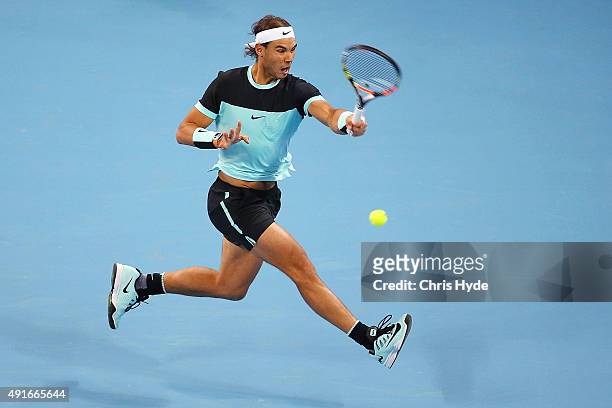 Rafael Nadal of Spain plays a forehand in his match against Vasek Pospisil of Canada on day 5 of the 2015 China Open at the National Tennis Centre on...