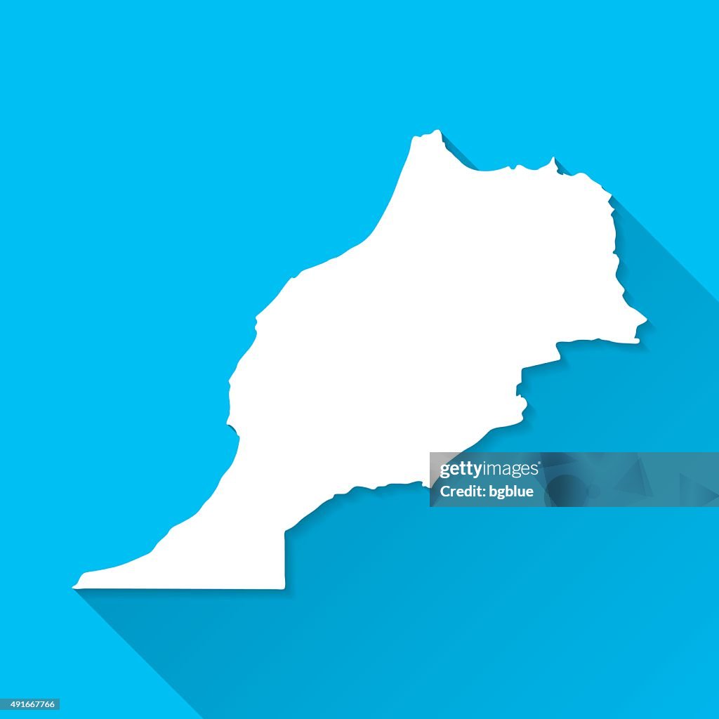 Morocco Map on Blue Background, Long Shadow, Flat Design