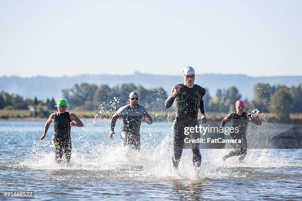 triathletes training for a triathlon - wetsuit stock pictures, royalty-free photos & images