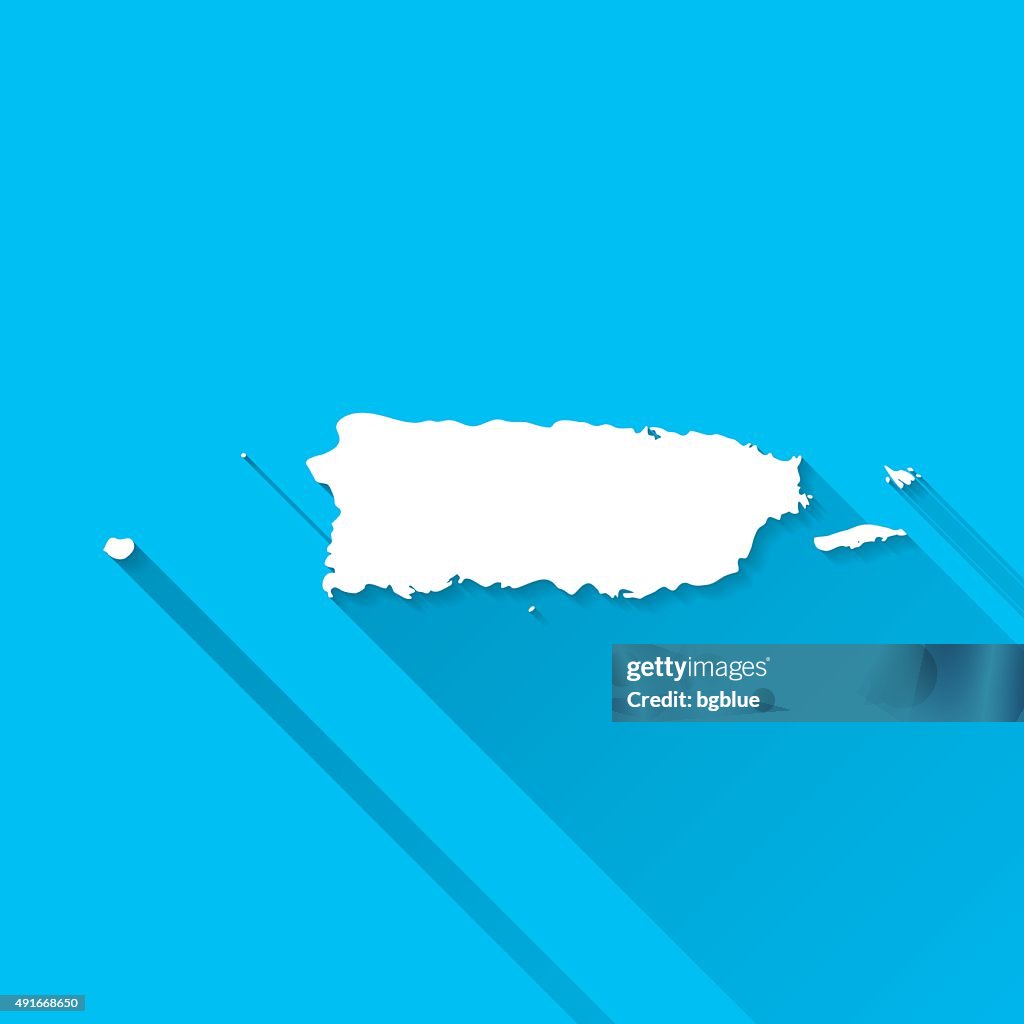 Puerto Rico Map on Blue Background, Long Shadow, Flat Design