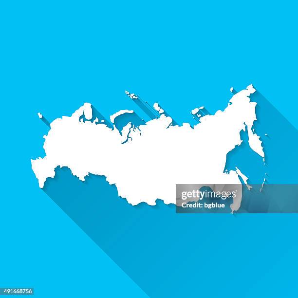 ilustrações de stock, clip art, desenhos animados e ícones de mapa da rússia sobre fundo azul, longa sombra, plana design - russia