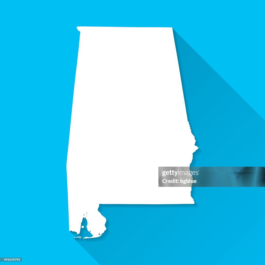 Alabama Map on Blue Background, Long Shadow, Flat Design
