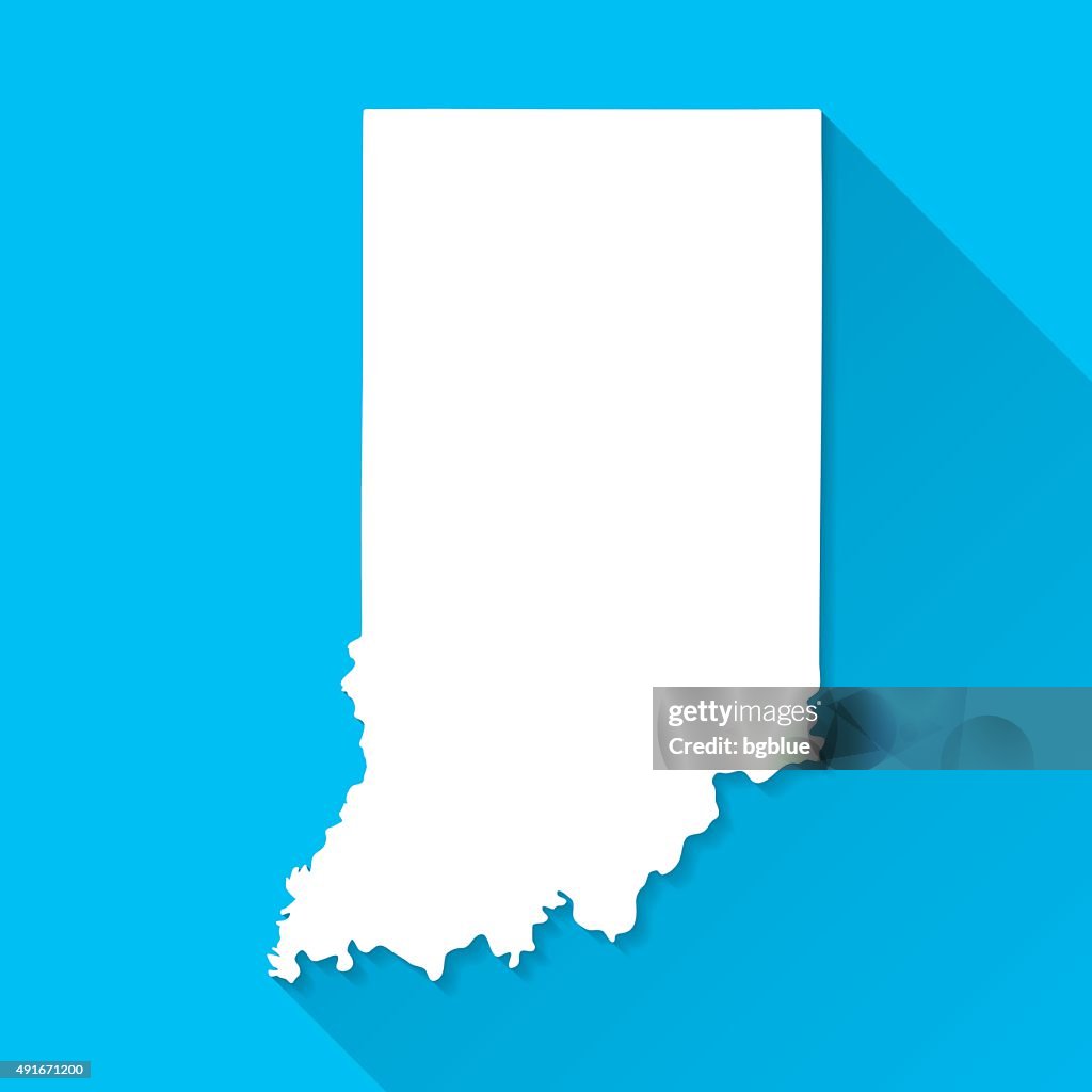 Indiana Map on Blue Background, Long Shadow, Flat Design
