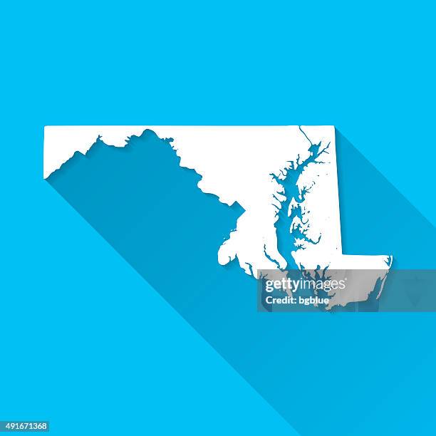 maryland map on blue background, long shadow, flat design - baltimore county stock illustrations