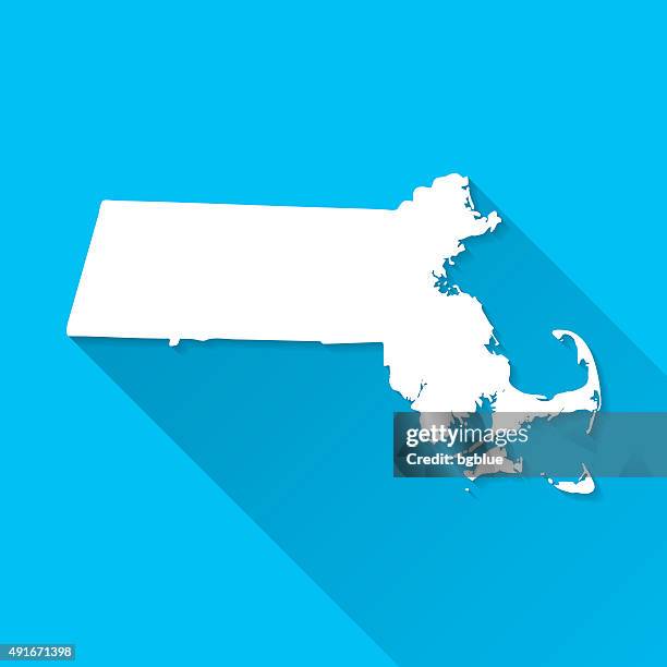massachusetts-karte auf blauem hintergrund, lange schatten, flat-design - amerikanische-bundesstaatsgrenze stock-grafiken, -clipart, -cartoons und -symbole