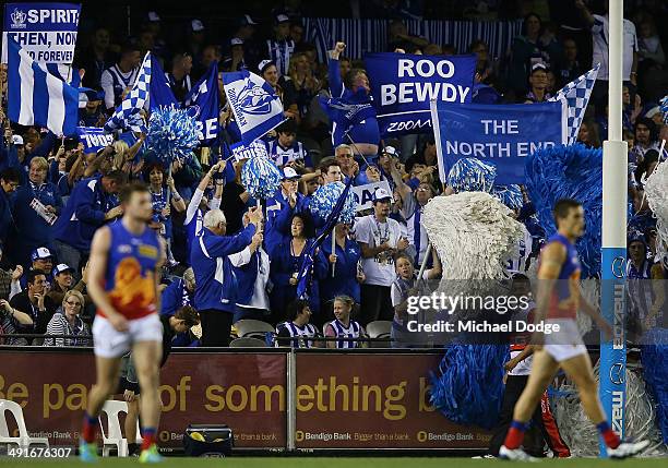 Roos fans celebrate a goal during the round nine AFL match between the North Melbourne Kangaroos and the Brisbane Lions at Etihad Stadium on May 17,...