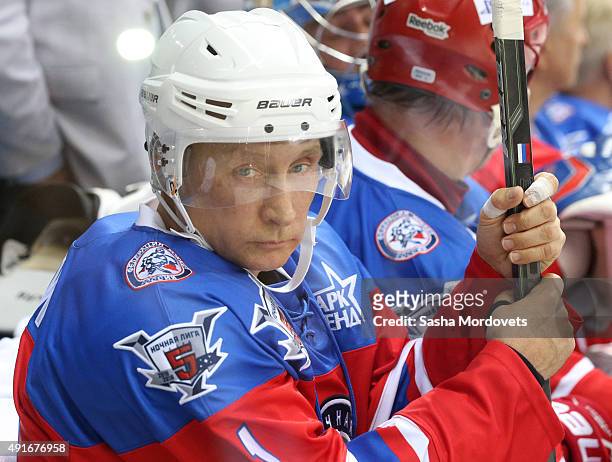 Russian President Vladimir Putin attends a Night Hockey League ice hockey match on October 7, 2015 in Sochi, Russia. Putin spent his 63rd birthday...