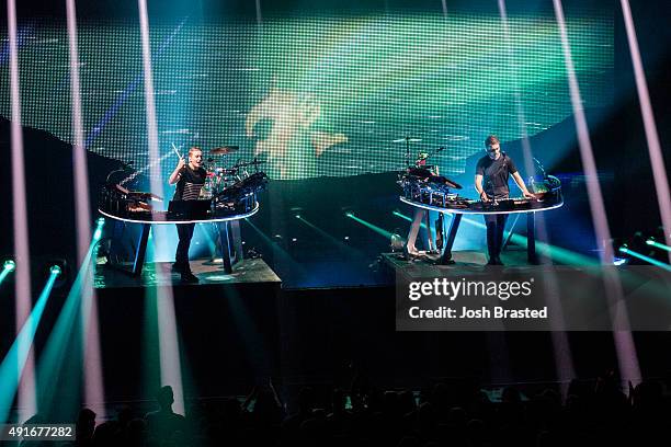 Guy Lawrence and Howard Lawrence of Disclosure perform at Mardi Gras World on October 6, 2015 in New Orleans, Louisiana.