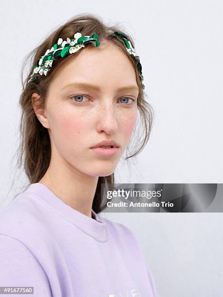 Model poses prior the Moncler Gamme Rouge show as part of the Paris Fashion Week Womenswear Spring/Summer 2016 on October 7, 2015 in Paris, France.