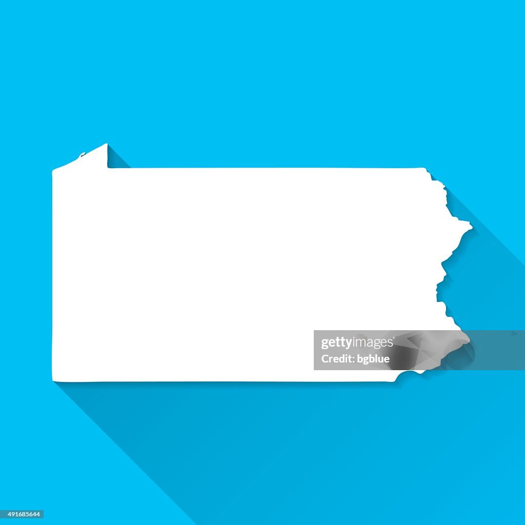 Pennsylvania Map on Blue Background, Long Shadow, Flat Design