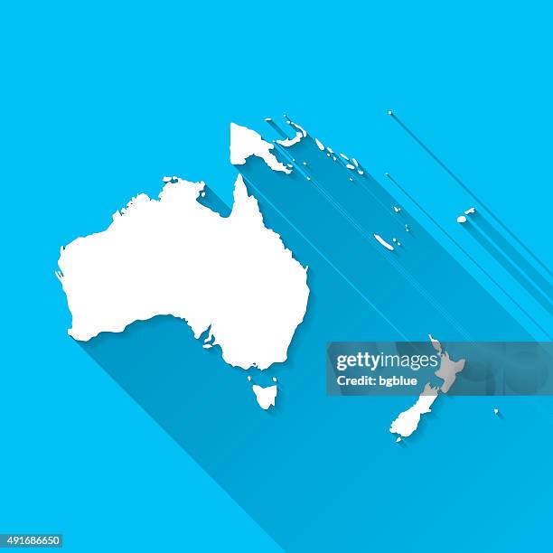 oceania map on blue background, long shadow, flat design - australia map stock illustrations