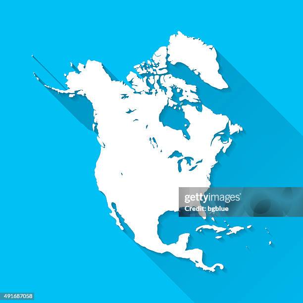 nordamerika-karte auf blauem hintergrund, lange schatten, flat-design - north america stock-grafiken, -clipart, -cartoons und -symbole