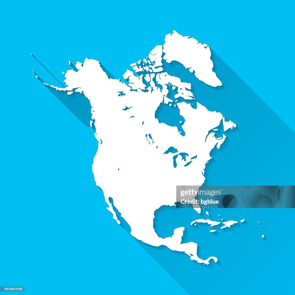 North America Map on Blue Background, Long Shadow, Flat Design