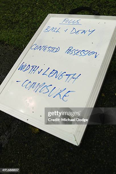 Lions coaching board is seen on the boundary line during the round nine AFL match between the North Melbourne Kangaroos and the Brisbane Lions at...