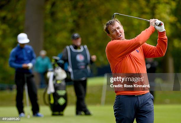 Matt Le Tissier the former footballer in action during the pro-am event prior to the British Masters at Woburn Golf Club on October 7, 2015 in...