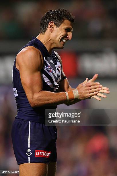 Matthew Pavlich of the Dockers celebrates a goal during the round nine AFL match between the Fremantle Dockers and the Geelong Cats at Patersons...