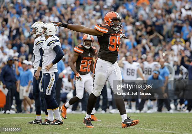 Armonty Bryant of the Cleveland Browns reacts during the game against the San Diego Chargers at Qualcomm Stadium on October 4, 2015 in San Diego,...