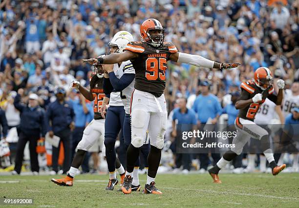 Armonty Bryant of the Cleveland Browns reacts during the game against the San Diego Chargers at Qualcomm Stadium on October 4, 2015 in San Diego,...