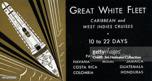 Pamphlet for the Great White Fleet reads "Caribbean and West Indies cruises, 10 to 22 days, Panama Canal Zone" from 1931 in the Caribbean.