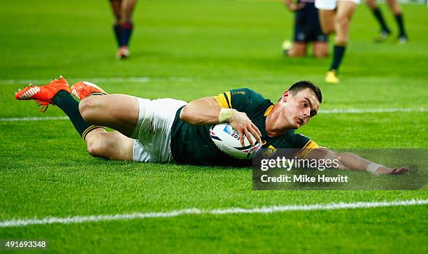 Jesse Kriel of South Africa goes over to score their ninth try during the 2015 Rugby World Cup Pool B match between South Africa and USA at the...