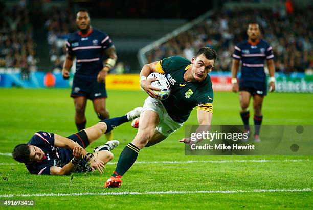 Jesse Kriel of South Africa goes over to score their ninth try during the 2015 Rugby World Cup Pool B match between South Africa and USA at the...