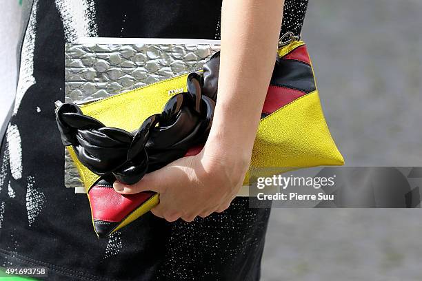 Leigh Lezark, handbag detail, arrives at the Miu Miu show as part of the Paris Fashion Week Womenswear Spring/Summer 2016 on October 7, 2015 in...