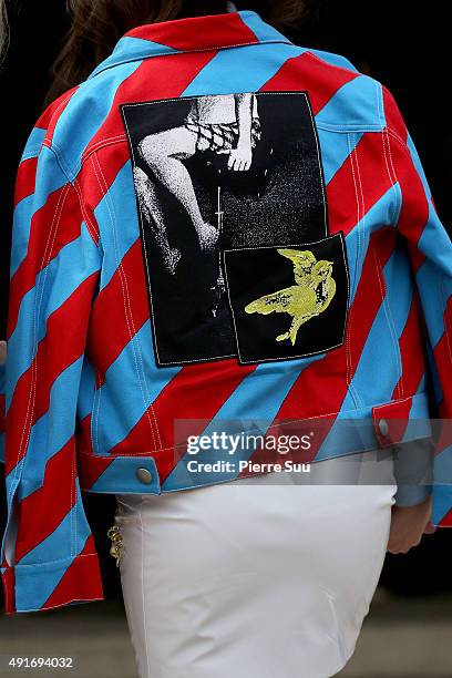 Anya Taylor-Joy, patern detail, arrives at the Miu Miu show as part of the Paris Fashion Week Womenswear Spring/Summer 2016 on October 7, 2015 in...